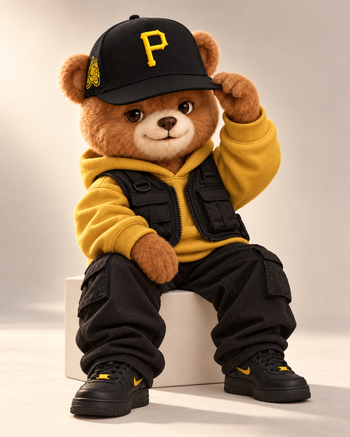Brim wearing the black and yellow P cap, utility vest and yellow hoodie