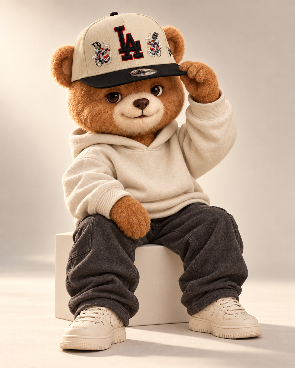 Brim the bear wearing the cream LA cap